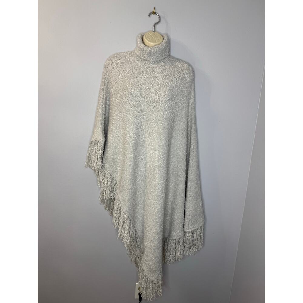 Ser.O.Ya Frost Poncho Wool Blend Fringe Hem Boho Silver Beige Women's XXS/XS - Picture 2 of 14